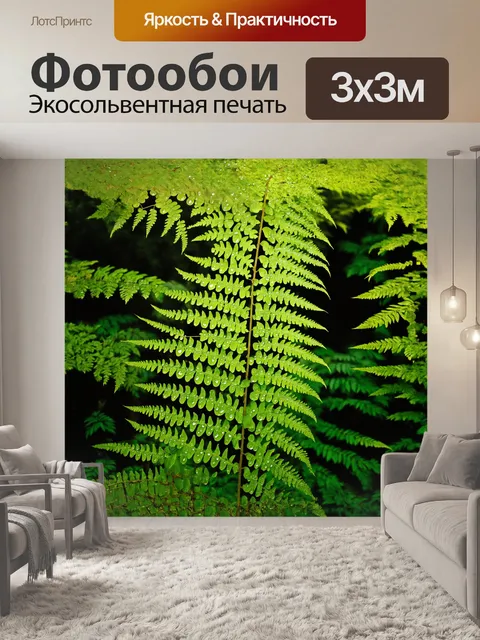 Фотообои граница, изображенная как мозаика из природных элементов, обрамляет великолепный папоротник, выделяющийся на…