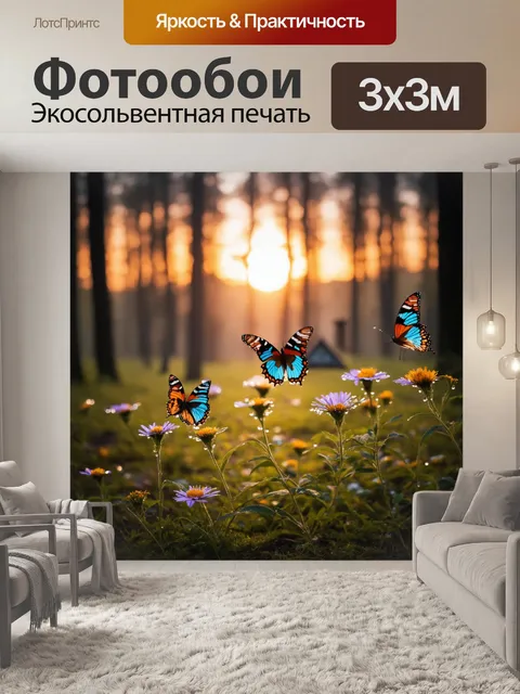Фотообои закат, уютный домик в лесу, бабочки порхают вокруг цветов, мягкость вечернего света, блики на каплях росы…