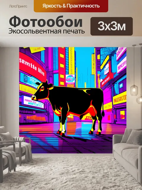 Фотообои в динамичной городской среде, коровы выглядят неуместно, но забавно