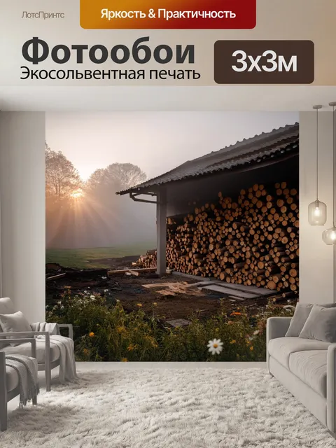 Фотообои строительная площадка бани на рассвете, с обилием дров, аккуратно расположенных вдоль стен