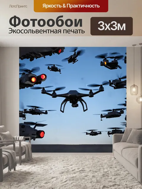 Фотообои трутень, величественно парящий в небе, окружен множеством беспилотных летательных аппаратов, которые…