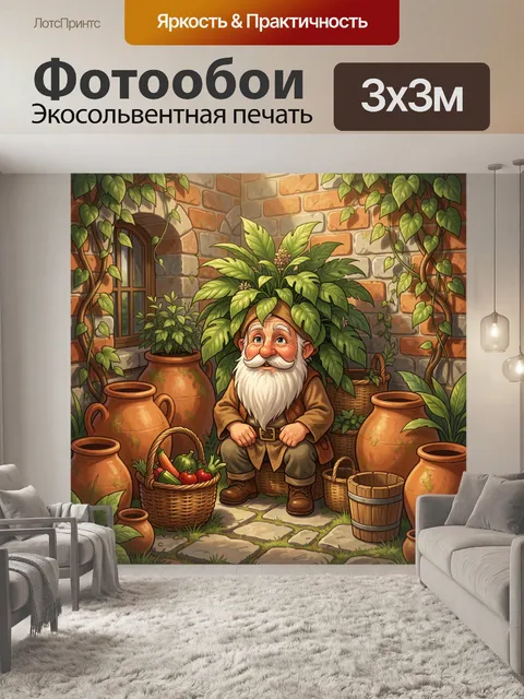 Фотообои Гном в саду с зеленью