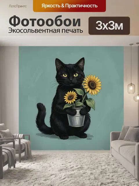 Фотообои Чёрный кот с подсолнухами в ведре