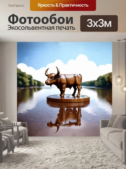 Фотообои бык, вырезанный из дерева, уверенно стоит на большой монете с гравировкой "сток", его рога пронзают облака…