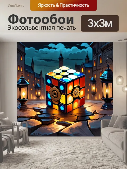 Фотообои игральная кость, выполненная в стиле стимпанк, с шестеренками и механизмами, на фоне старинного города ночью
