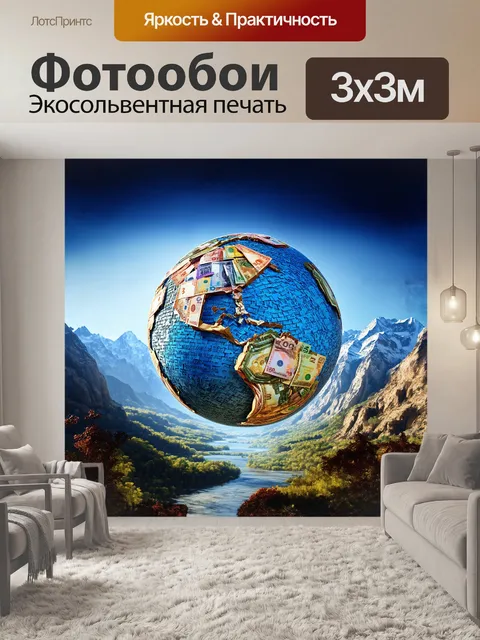 Фотообои огромный глобус, сделанный из разнообразных валют, которые скреплены вместе
