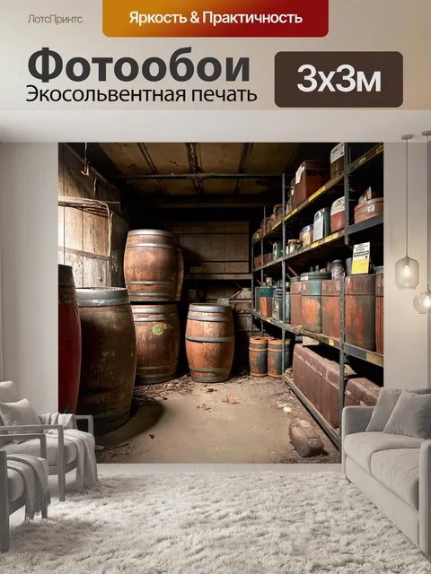 Фотообои винтаж передают атмосферу старинного хранилища с ржавыми бочками и местами для хранения