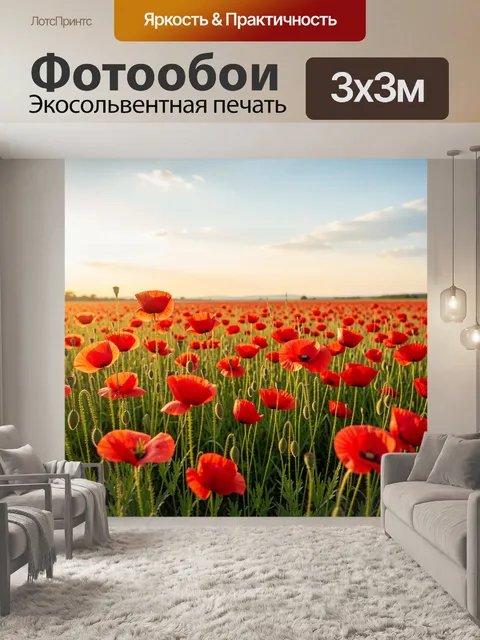 Фотообои Поле красных маков на закате