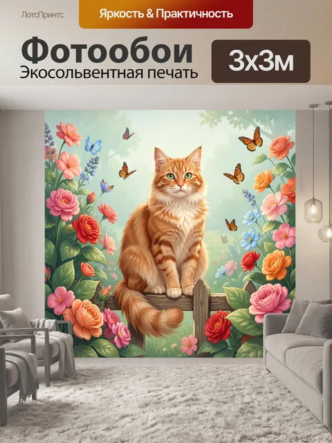 Фотообои Рыжий кот среди цветов и бабочек