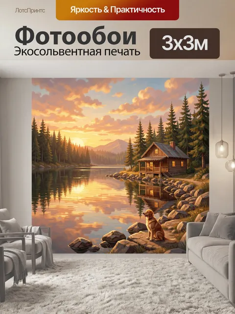 Фотообои Хижина у озера среди елей