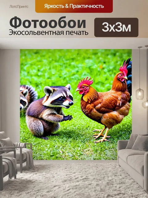 Фотообои животные в стиле маскот, игривые еноты, завязывающие дружбу с курицами на ферме