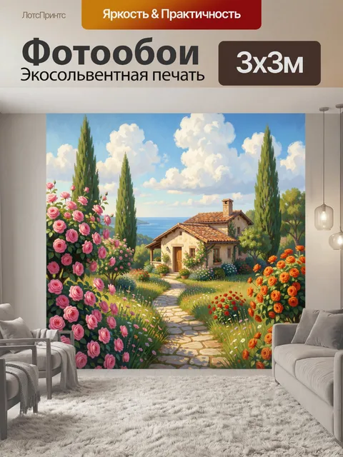 Фотообои Средиземноморский дом в цветущем саду