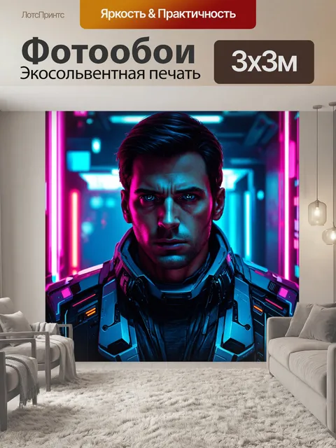 Фотообои футуристическая сцена в стиле киберпанк, где актер представлен в высоких технологиях с неоном вокруг