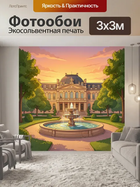 Фотообои Фонтан и дворцовый фасад на закате