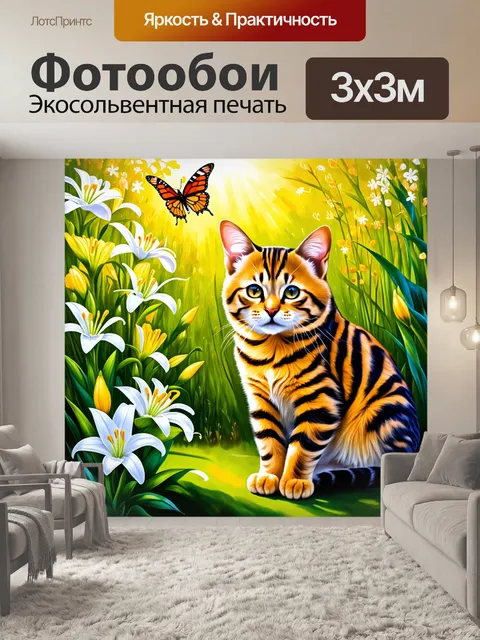 Фотообои бенгальская кошка, наблюдающая за бабочкой, летящей над цветущими лилиями в солнечном саду