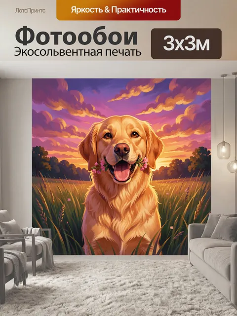 Фотообои Золотистый ретривер в цветущем поле