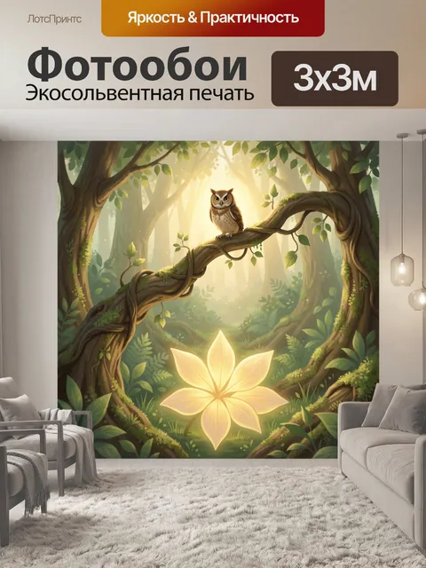Фотообои Сова в лесу у светящегося цветка