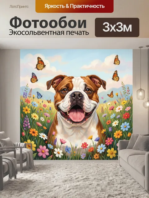 Фотообои Собака среди полевых цветов