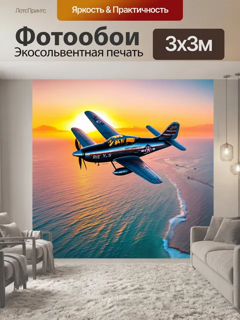 Фотообои самолет в стиле ретро над живописным побережьем с яркими закатными красками