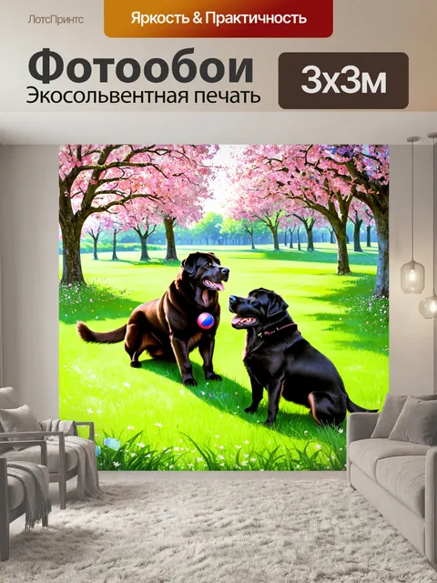 Фотообои нежный эпизод в парке, где ньюфаундлендские собаки играют с мячом на траве, среди цветущих деревьев
