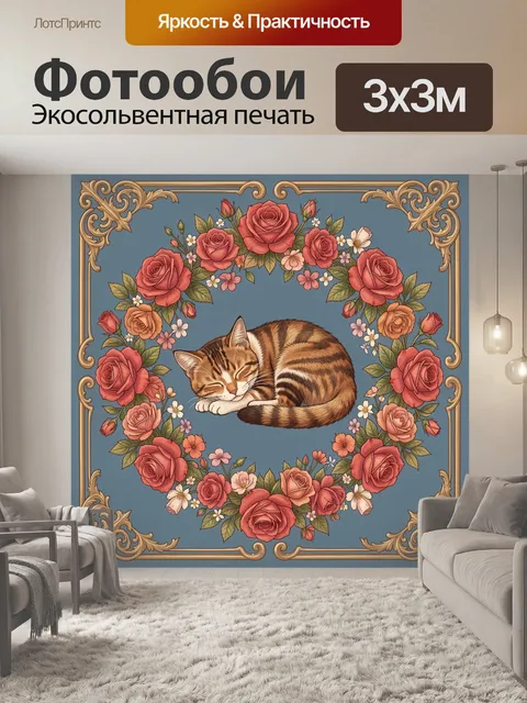 Фотообои Рыжий кот в цветочном венке