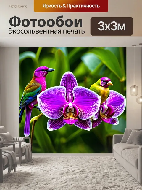 Фотообои животные, экзотические орхидеи с яркими птицами, сидящими на лепестках