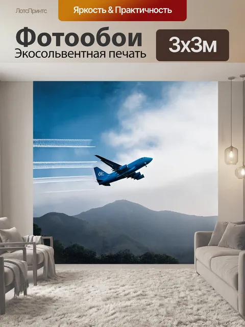 Фотообои на первом плане красуется стильный синий самолет