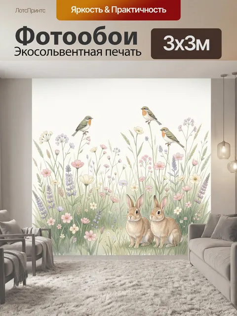Фотообои Зайчата и птицы среди цветов