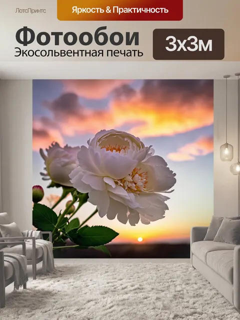 Фотообои венок из белых пионов на фоне закатного неба, где облака перетекают в яркие оранжевые и розовые оттенки