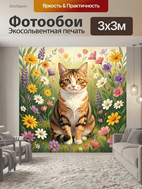 Фотообои Кошка в цветочном лугу