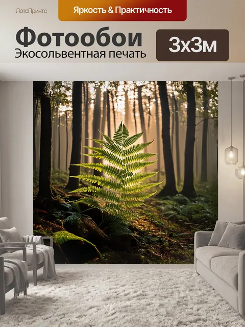 Фотообои на заре папоротник оказывается в объятиях утреннего тумана, его листья словно покрыты легким слоем росы