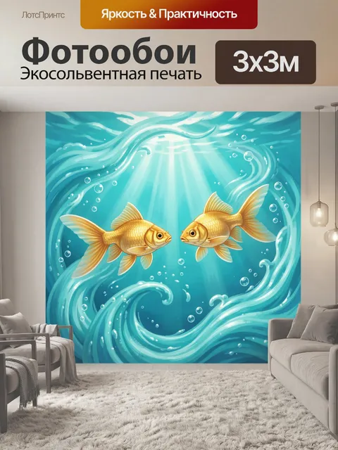 Фотообои Золотые рыбки в бирюзовых волнах