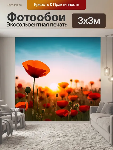 Фотообои оранжевый цвет, где нежные цветы маков распускаются на фоне насмехающегося заката
