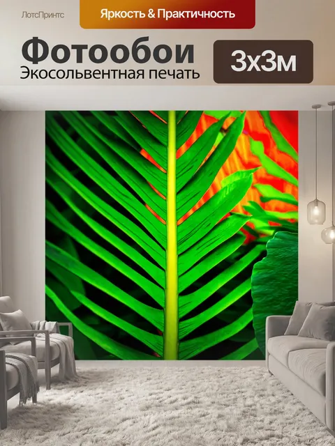 Фотообои лист тропического растения, с яркими цветами на фоне и экзотическими формами