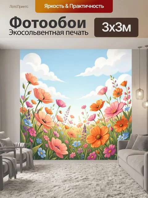 Фотообои Цветущий луг под облачным небом
