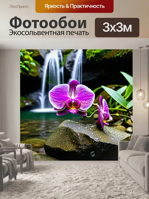 Фотообои орхидея, растущая на скале у водопада, с каплями воды вокруг