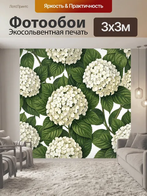 Фотообои Белые гортензии и зелёные листья