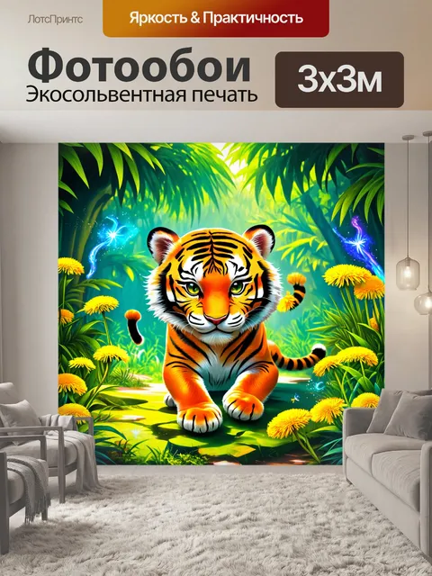 Фотообои тигр, играющий с одуванчиками в тропическом лесу, выполненный в стиле фэнтези с яркими цветами и магическими…