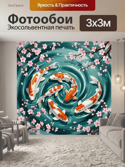 Фотообои Карпы кои в водовороте и сакура