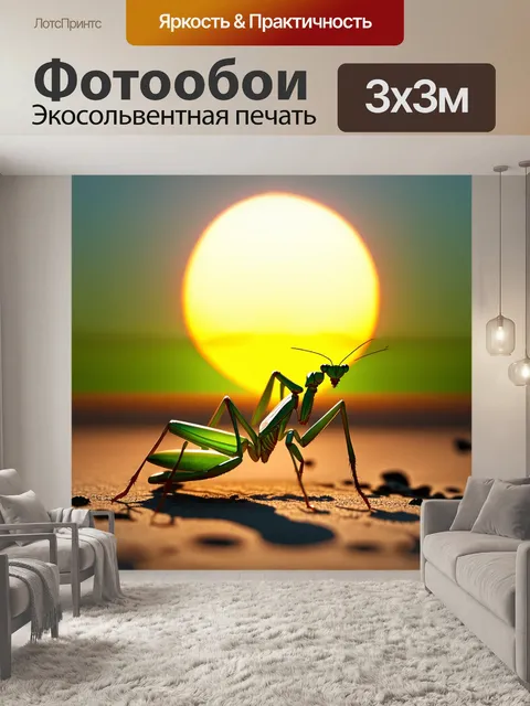 Фотообои богомол на фоне восходящего солнца, где тени создают интересные узоры на земле