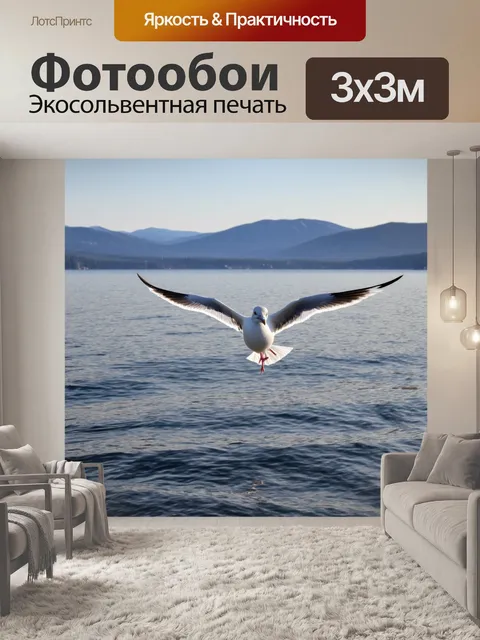Фотообои россия байкал, чайка парит над водной гладью, теплый вечер, на горизонте видны горы, спокойствие и уединение