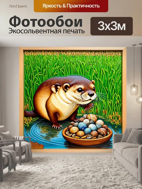Фотообои выдра, кормящаяся моллюсками на фоне уютного рисового поля, символизируя гармонию между животными и сельским…