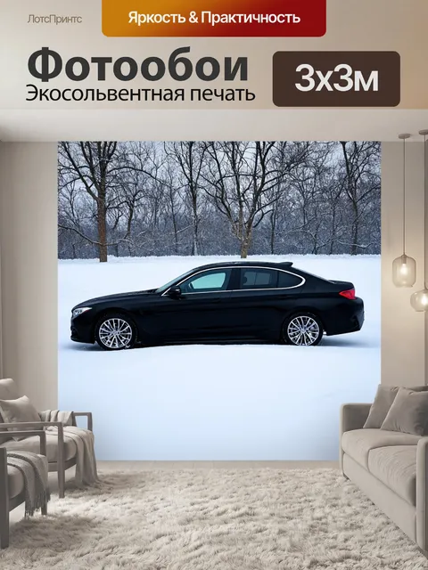 Фотообои машина в стиле минимализм: черный седан на фоне свежеснежного пейзажа с легкими тенями