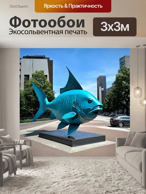 Фотообои монументальная скульптура рыбы, как часть современного городского ландшафта, выполненная в графическом стиле