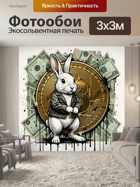 Фотообои Заяц с криптомонетой и купюрами