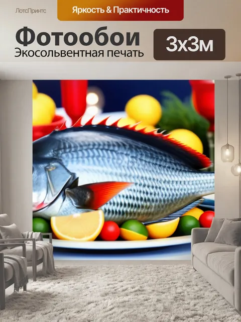 Фотообои морепродукты на праздничном столе с изображением пираньи