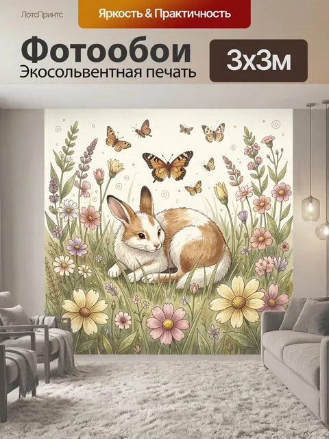Фотообои Кролик среди полевых цветов