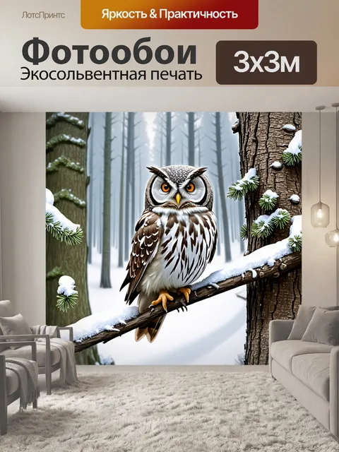 Фотообои лесная сова сидит на ветке покрытой мелким инеем