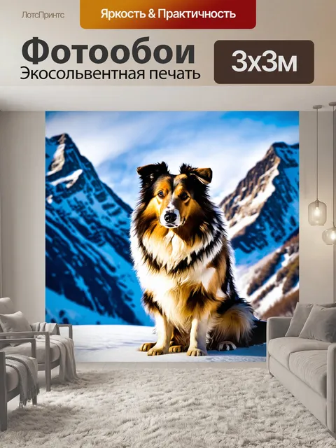 Фотообои шелти, сидящий на фоне горных вершин, на которых виден лед и снег, символизируя силу и стойкость