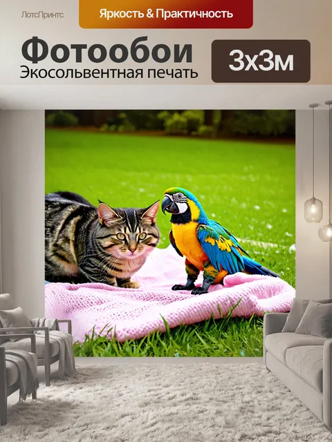 Фотообои кот и попугай собираются на вечер, разложив кожу для полетов на лужайке